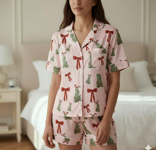 Coquette Bows Christmas Tree Satin Pajamas Set, Coquette Pajama, Cute Holiday Sleepwear, Xmas Family Matching Pjs, Festive Christmas Pajamas