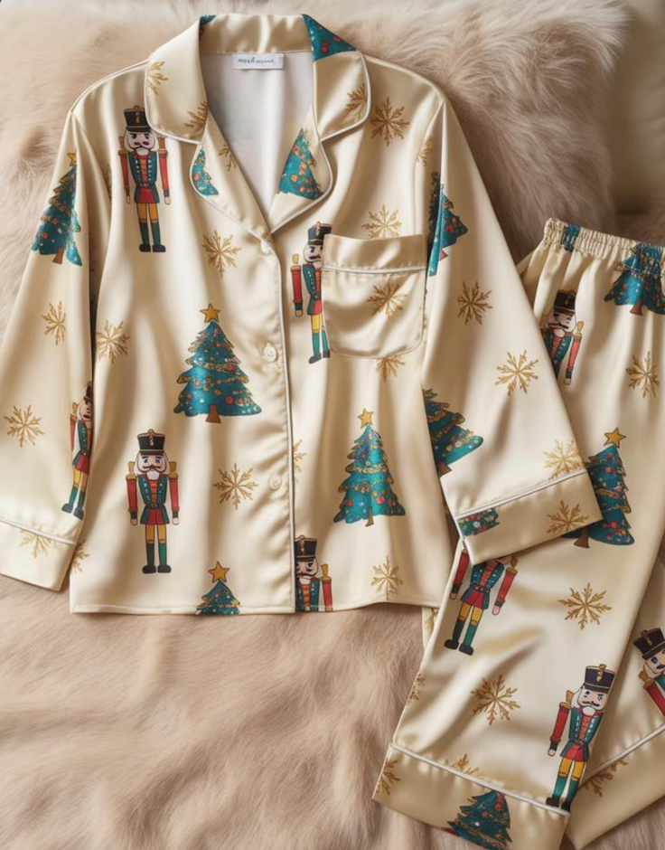 Cute Nutcracker Christmas Tree Satin Pajamas Set, Christmas Pajamas, Christmas Nutcracker Pajamas, Nutcracker Pjs, Family Christmas Pajamas