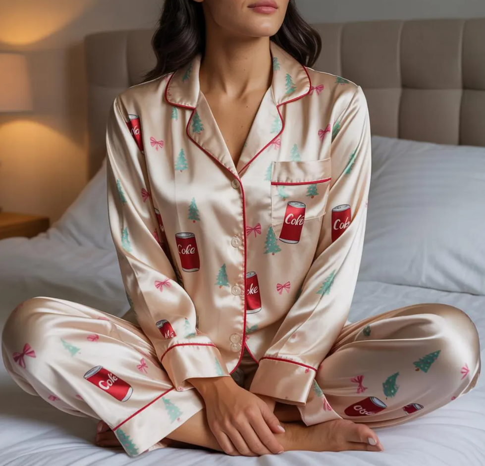 Coquette Bows Diet Coke Christmas Tree Satin Pajamas Set, Coquette Diet Drink Pajamas, Xmas Family Matching Pjs, Festive Christmas Pajamas