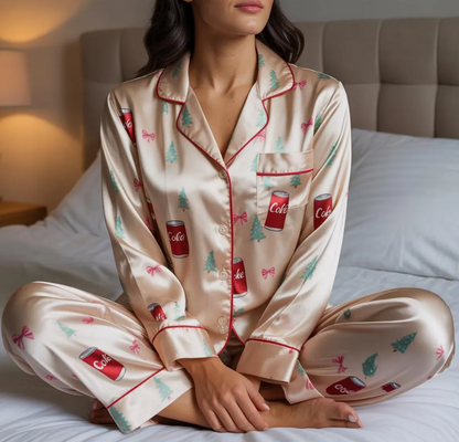 Coquette Bows Diet Coke Christmas Tree Satin Pajamas Set, Coquette Diet Drink Pajamas, Xmas Family Matching Pjs, Festive Christmas Pajamas