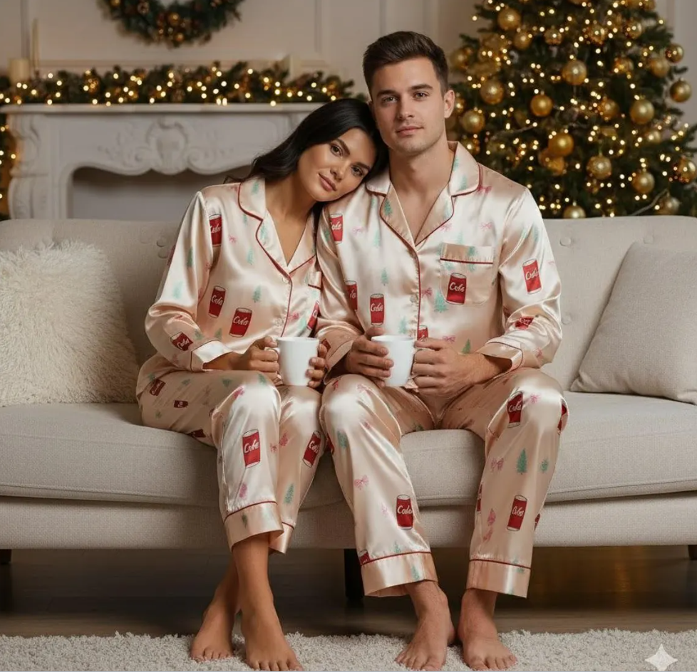 Coquette Bows Diet Coke Christmas Tree Satin Pajamas Set, Coquette Diet Drink Pajamas, Xmas Family Matching Pjs, Festive Christmas Pajamas