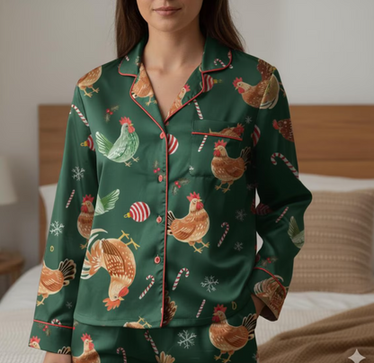 Christmas Chicken Satin Pajamas Set, Christmas Family Matching Pajama Set, Chicken Xmas Pajamas, Farmer Christmas Pajama, Merry Chickmas Pjs