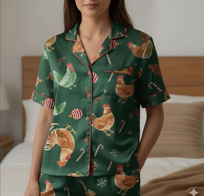 Christmas Chicken Satin Pajamas Set, Christmas Family Matching Pajama Set, Chicken Xmas Pajamas, Farmer Christmas Pajama, Merry Chickmas Pjs