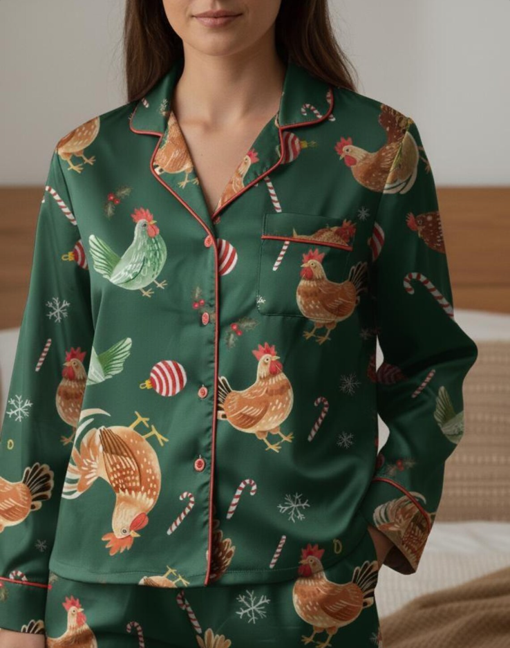 Christmas Chicken Satin Pajamas Set, Christmas Family Matching Pajama Set, Chicken Xmas Pajamas, Farmer Christmas Pajama, Merry Chickmas Pjs