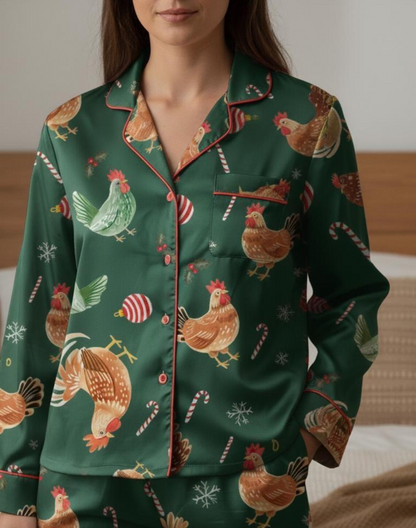 Christmas Chicken Satin Pajamas Set, Christmas Family Matching Pajama Set, Chicken Xmas Pajamas, Farmer Christmas Pajama, Merry Chickmas Pjs