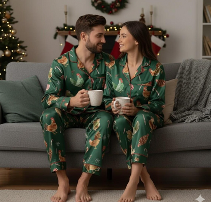 Christmas Chicken Satin Pajamas Set, Christmas Family Matching Pajama Set, Chicken Xmas Pajamas, Farmer Christmas Pajama, Merry Chickmas Pjs