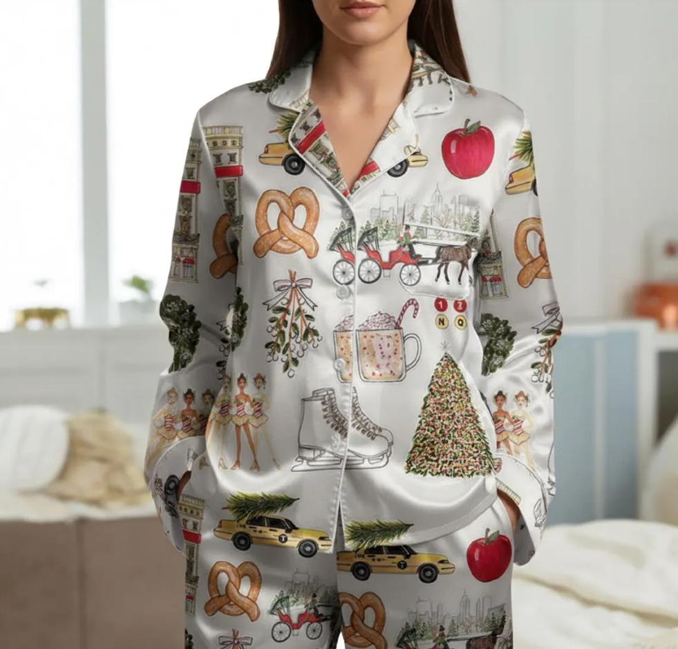 Christmas In New York Satin Pajama Set, Christmas Sleepwear, NY City Night Xmas Pajamas, In New York Nightwear Set, Family Christmas Pajamas