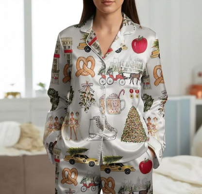 Christmas In New York Satin Pajama Set, Christmas Sleepwear, NY City Night Xmas Pajamas, In New York Nightwear Set, Family Christmas Pajamas