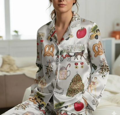Christmas In New York Satin Pajama Set, Christmas Sleepwear, NY City Night Xmas Pajamas, In New York Nightwear Set, Family Christmas Pajamas