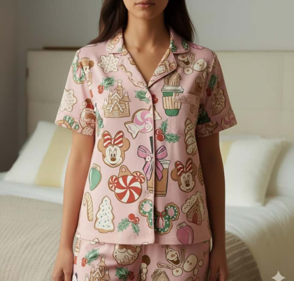 Disney Gingerbread Bakery Christmas Satin Pajamas Set, Mickey Minnie Christmas Pajama, Gingerbread Christmas Sleepwear, Family Christmas Pjs