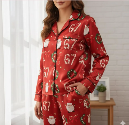 Coqutte 67 Candy Canes Santa Christmas Satin Pajamas Set, Trendy Christmas Sleepwear, 6 7 Meme Pajama, Six Seven Pajama, Family Xmas Pajamas