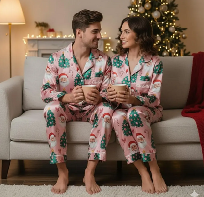 Personalized Name Coquette Pink Santa Christmas Satin Pajamas Set, Cute Santa Pajama, Christmas Macthing Family Pajamas, Santa Clause Pajama