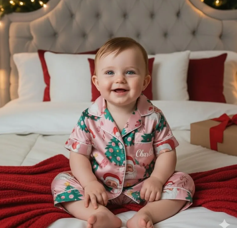 Personalized Name Coquette Pink Santa Christmas Satin Pajamas Set, Cute Santa Pajama, Christmas Macthing Family Pajamas, Santa Clause Pajama