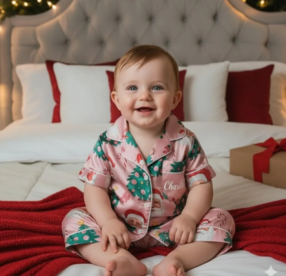 Personalized Name Coquette Pink Santa Christmas Satin Pajamas Set, Cute Santa Pajama, Christmas Macthing Family Pajamas, Santa Clause Pajama