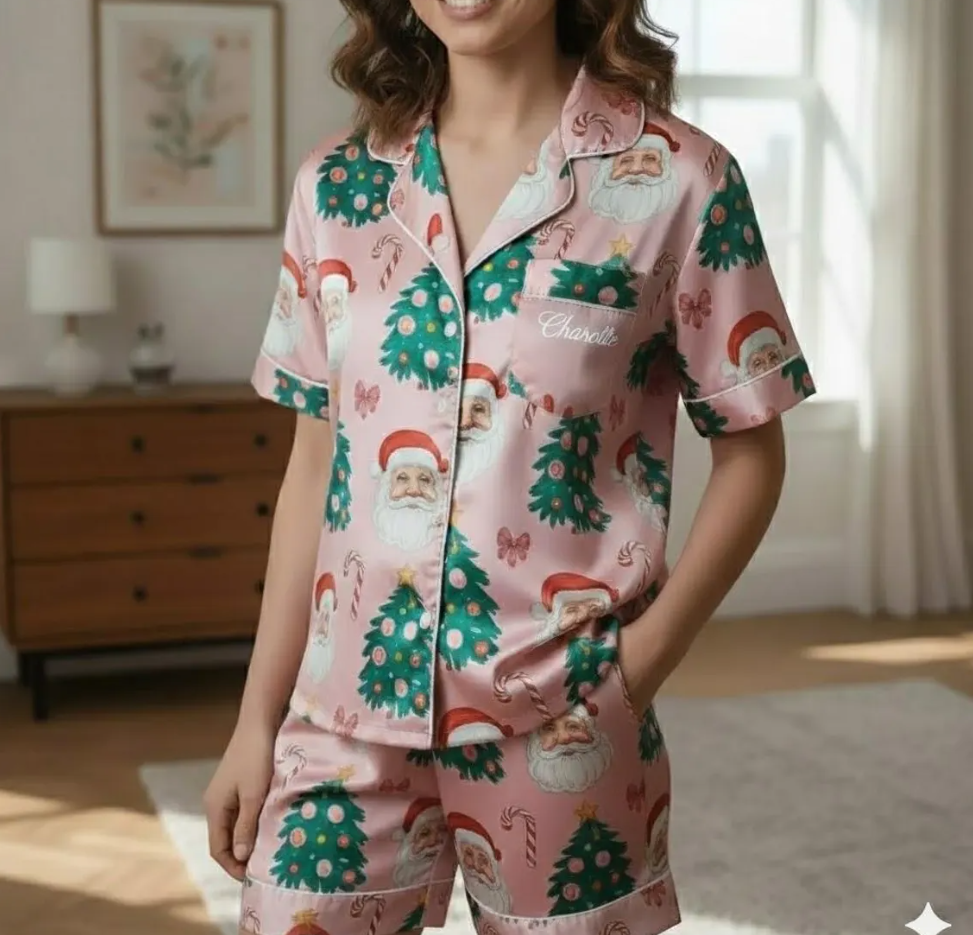 Personalized Name Coquette Pink Santa Christmas Satin Pajamas Set, Cute Santa Pajama, Christmas Macthing Family Pajamas, Santa Clause Pajama