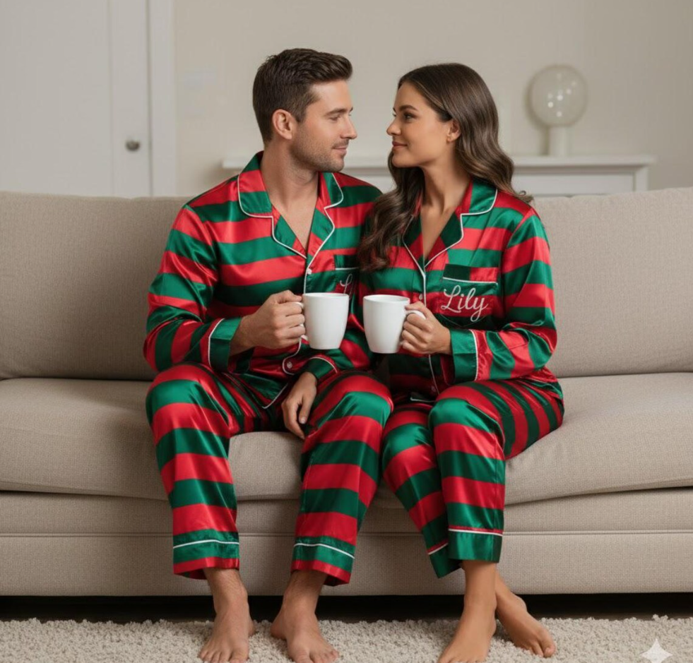 Personalized Name Green Red Striped Family Christmas Satin Pajamas Set, Christmas Pajamas, Family Matching Pajama, Family Christmas Pajamas