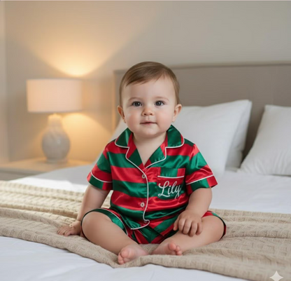 Personalized Name Green Red Striped Family Christmas Satin Pajamas Set, Christmas Pajamas, Family Matching Pajama, Family Christmas Pajamas