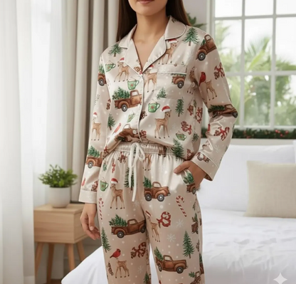 Deer Farm Christmas Satin Pajamas Set, Cardinal Bird with Hot Cocoa Pajama, Christmas Truck Pajamas, Christmas Pajamas, Family Christmas Pjs