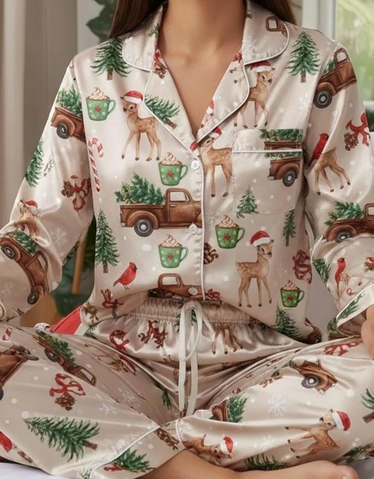 Deer Farm Christmas Satin Pajamas Set, Cardinal Bird with Hot Cocoa Pajama, Christmas Truck Pajamas, Christmas Pajamas, Family Christmas Pjs