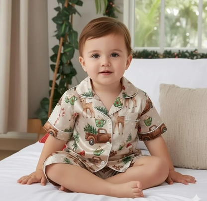 Deer Farm Christmas Satin Pajamas Set, Cardinal Bird with Hot Cocoa Pajama, Christmas Truck Pajamas, Christmas Pajamas, Family Christmas Pjs