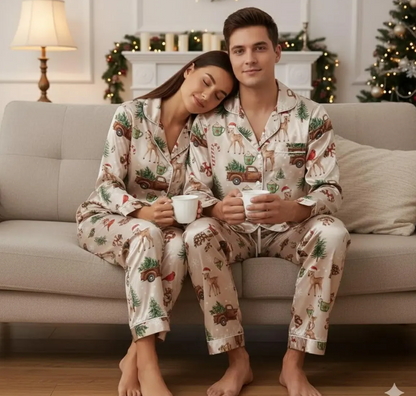 Deer Farm Christmas Satin Pajamas Set, Cardinal Bird with Hot Cocoa Pajama, Christmas Truck Pajamas, Christmas Pajamas, Family Christmas Pjs