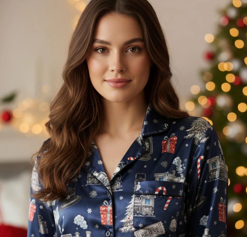 North Pole Po-lar Express Satin Pajamas Set, Po-lar Express Pajamas, Believe Train Xmas Sleepwear, Christmas Pajamas, Christmas Family Pjs