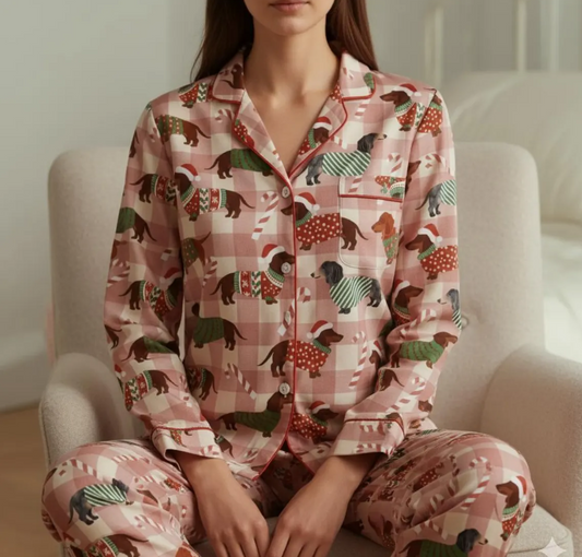 Christmas Santa Dachshund Dog Satin Pajamas Set with Face, Cute Pet Christmas Pajamas, Pet Lovers Pajamas, Christmas Macthing Family Pajamas