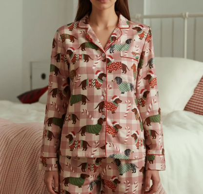 Christmas Santa Dachshund Dog Satin Pajamas Set with Face, Cute Pet Christmas Pajamas, Pet Lovers Pajamas, Christmas Macthing Family Pajamas