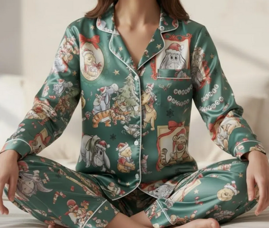 Coquette Disney Winnie The Pooh Christmas Satin Pajamas Set, Pooh And Friends Pajamas, Family Matching Pajamas, Disney Christmas Pajamas