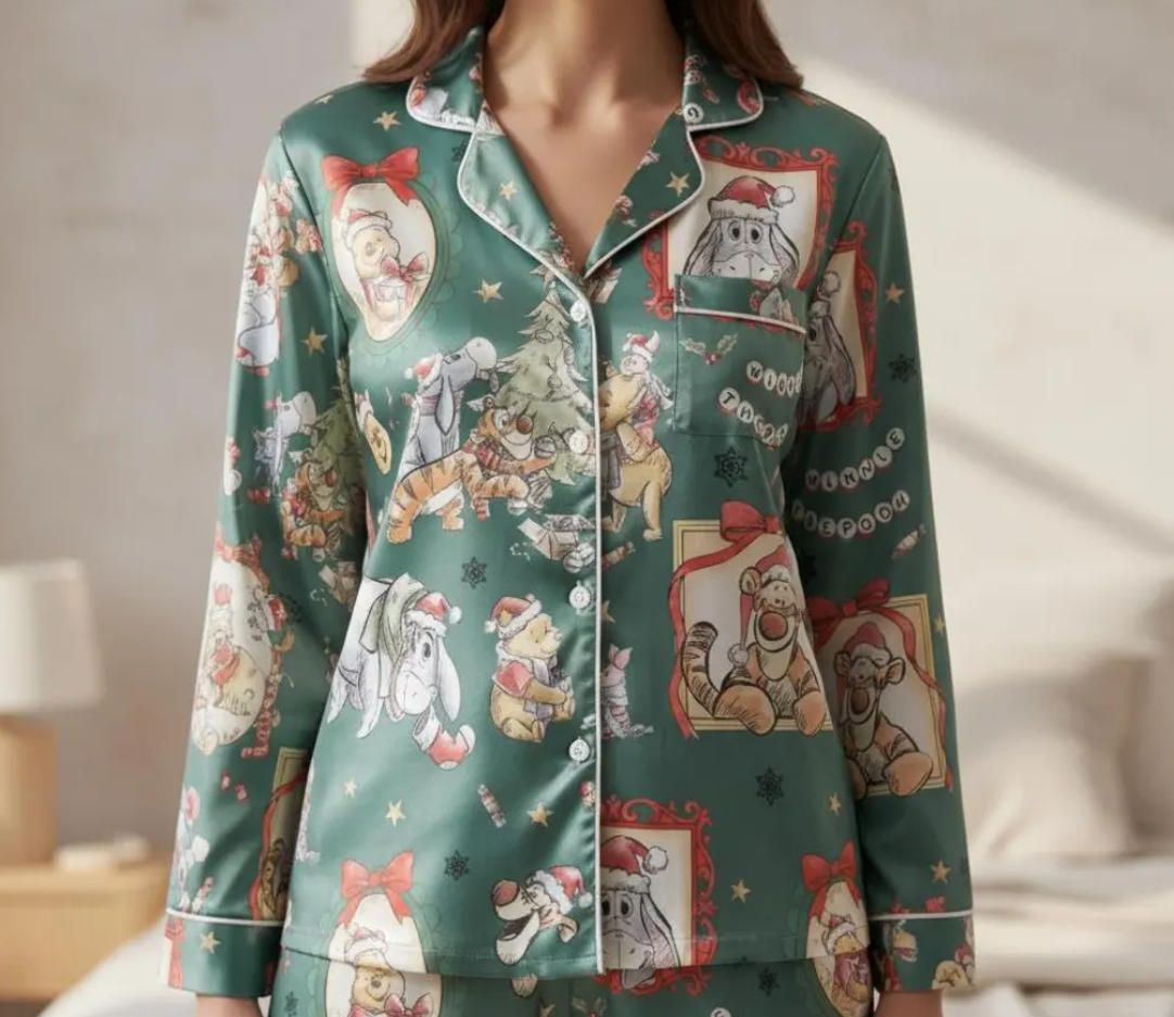 Coquette Disney Winnie The Pooh Christmas Satin Pajamas Set, Pooh And Friends Pajamas, Family Matching Pajamas, Disney Christmas Pajamas