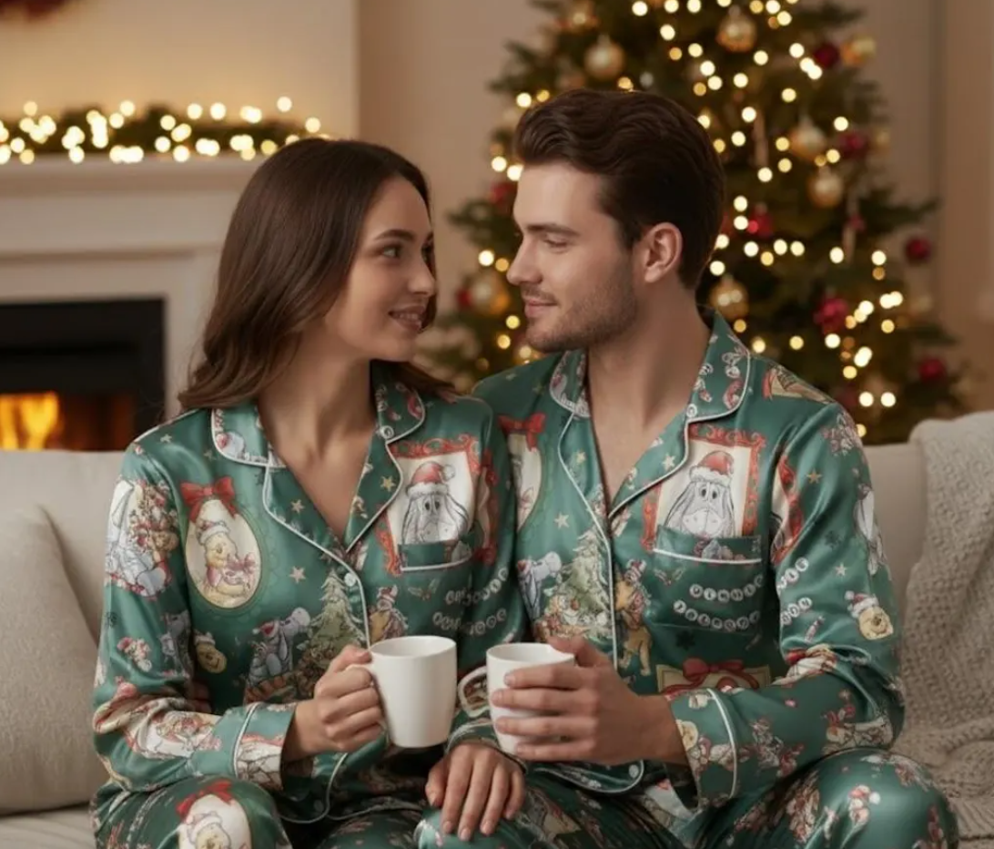 Coquette Disney Winnie The Pooh Christmas Satin Pajamas Set, Pooh And Friends Pajamas, Family Matching Pajamas, Disney Christmas Pajamas