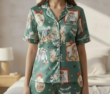 Coquette Disney Winnie The Pooh Christmas Satin Pajamas Set, Pooh And Friends Pajamas, Family Matching Pajamas, Disney Christmas Pajamas