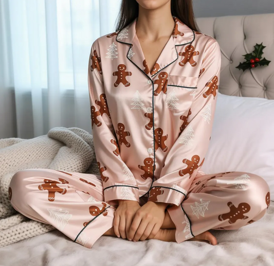 Gingerbread Satin Pajamas Set, Christmas Pajamas, Christmas Family Matching Pajamas Set, Christmas Party Pajamas, Family Matching Sleepwear