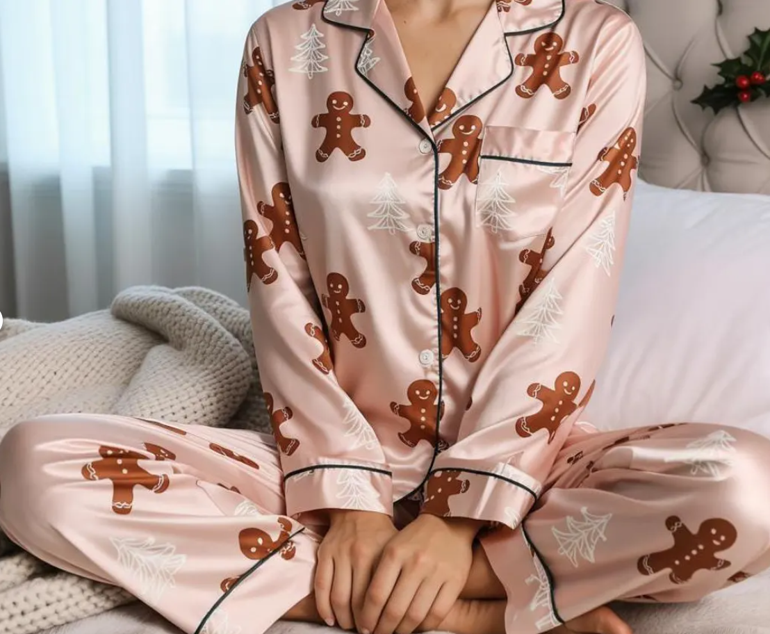 Gingerbread Satin Pajamas Set, Christmas Pajamas, Christmas Family Matching Pajamas Set, Christmas Party Pajamas, Family Matching Sleepwear