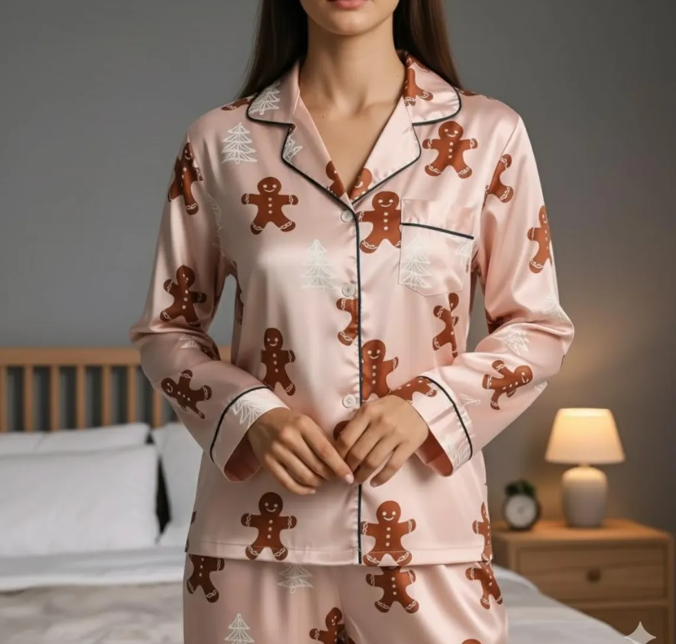 Gingerbread Satin Pajamas Set, Christmas Pajamas, Christmas Family Matching Pajamas Set, Christmas Party Pajamas, Family Matching Sleepwear