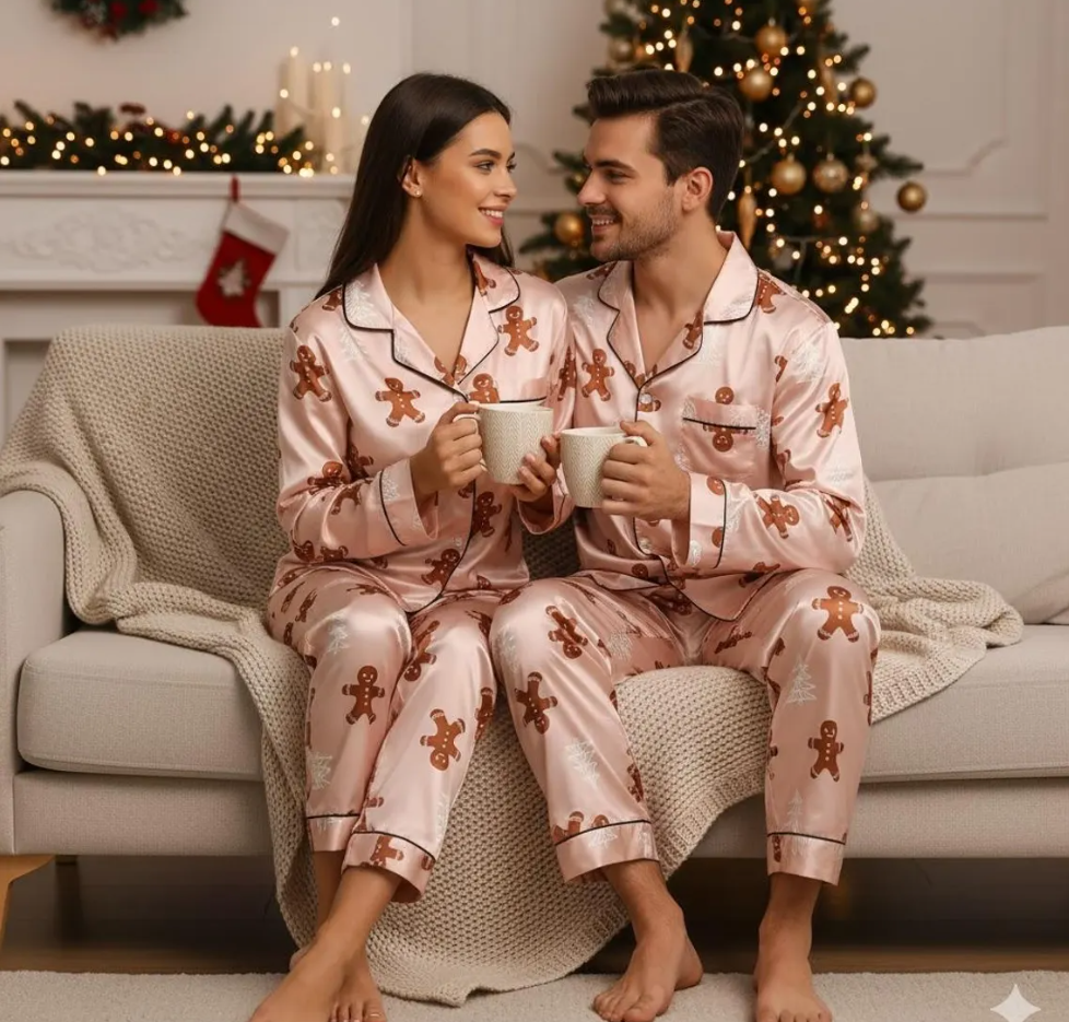 Gingerbread Satin Pajamas Set, Christmas Pajamas, Christmas Family Matching Pajamas Set, Christmas Party Pajamas, Family Matching Sleepwear