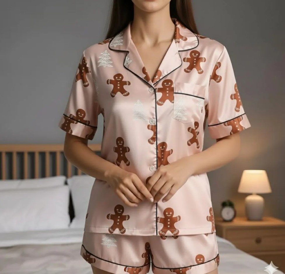 Gingerbread Satin Pajamas Set, Christmas Pajamas, Christmas Family Matching Pajamas Set, Christmas Party Pajamas, Family Matching Sleepwear