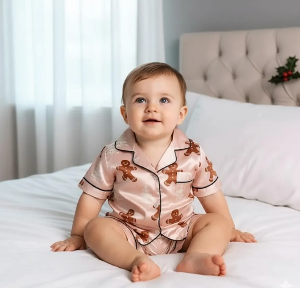 Gingerbread Satin Pajamas Set, Christmas Pajamas, Christmas Family Matching Pajamas Set, Christmas Party Pajamas, Family Matching Sleepwear