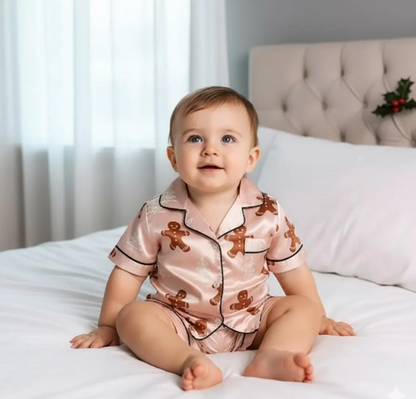 Gingerbread Satin Pajamas Set, Christmas Pajamas, Christmas Family Matching Pajamas Set, Christmas Party Pajamas, Family Matching Sleepwear