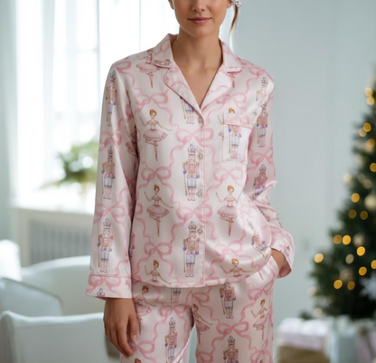 Coquette Nutcracker Ballet Christmas Satin Pajamas Set, Coquette Christmas Pajamas Set, Family Matching Pyjama, Christmas Nutcracker Pajamas
