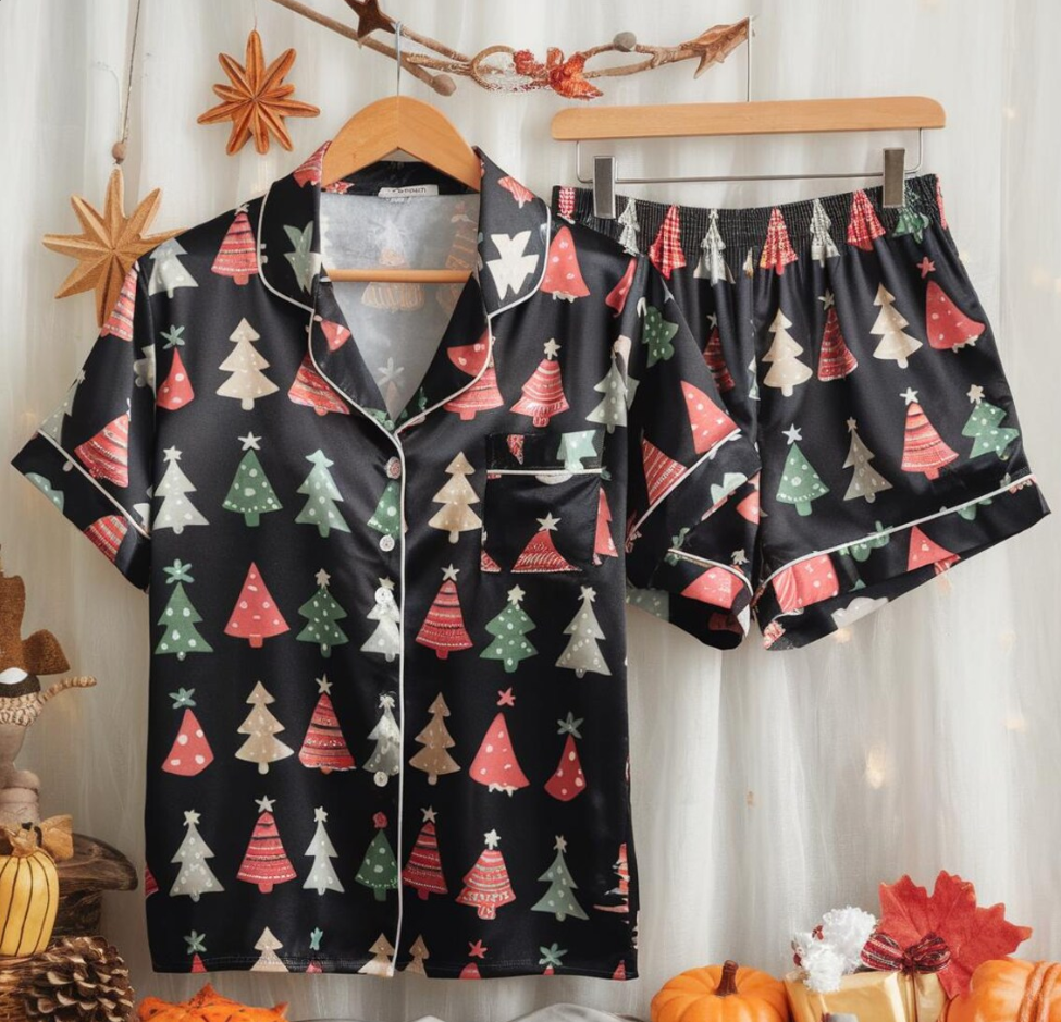 Christmas Trees Satin Pajamas Set, Cute Christmas Pajamas, Pine Trees Pajamas, Christmas Pjs, Family Christmas Pajamas, Cozy Season Pajama