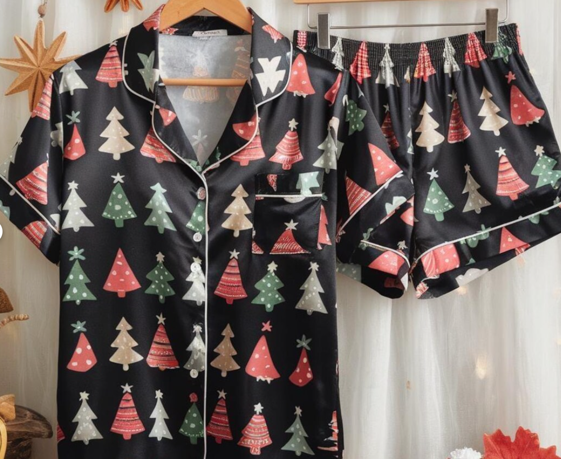 Christmas Trees Satin Pajamas Set, Cute Christmas Pajamas, Pine Trees Pajamas, Christmas Pjs, Family Christmas Pajamas, Cozy Season Pajama