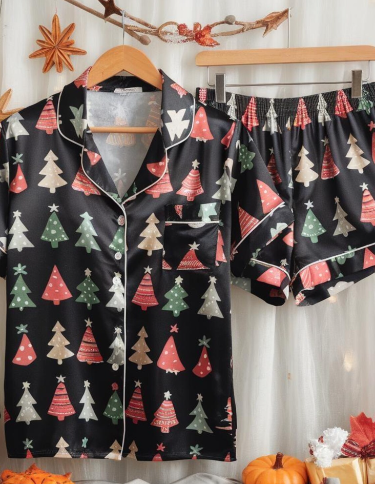 Christmas Trees Satin Pajamas Set, Cute Christmas Pajamas, Pine Trees Pajamas, Christmas Pjs, Family Christmas Pajamas, Cozy Season Pajama