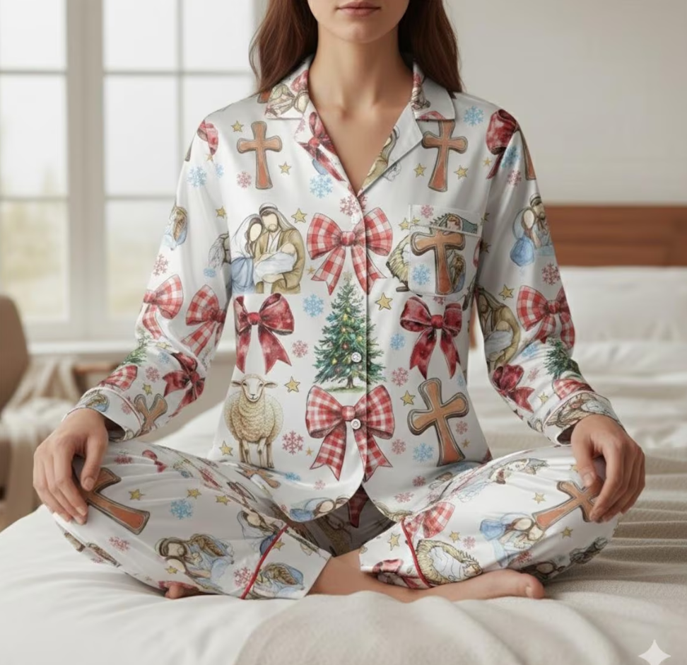 Coquette Nativity Scene Christmas Satin Pajamas Set, Family Matching Pajamas, Joy To The World, Oh Holy Night Pjs, Christian Religous Gift