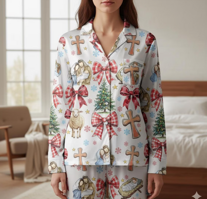 Coquette Nativity Scene Christmas Satin Pajamas Set, Family Matching Pajamas, Joy To The World, Oh Holy Night Pjs, Christian Religous Gift
