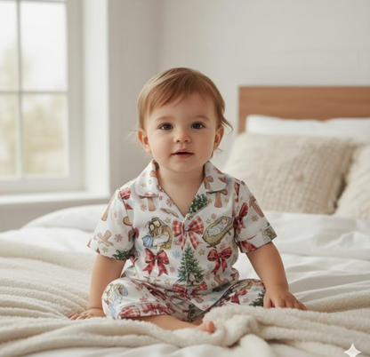 Coquette Nativity Scene Christmas Satin Pajamas Set, Family Matching Pajamas, Joy To The World, Oh Holy Night Pjs, Christian Religous Gift