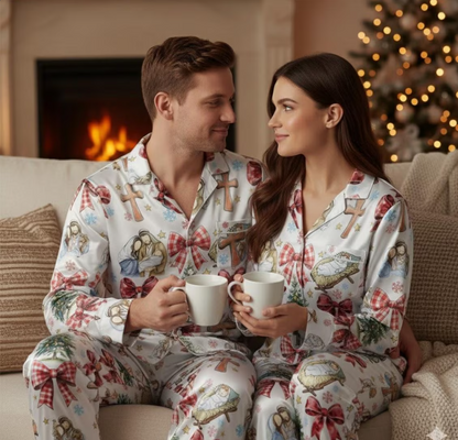 Coquette Nativity Scene Christmas Satin Pajamas Set, Family Matching Pajamas, Joy To The World, Oh Holy Night Pjs, Christian Religous Gift