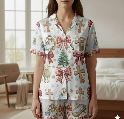 Coquette Nativity Scene Christmas Satin Pajamas Set, Family Matching Pajamas, Joy To The World, Oh Holy Night Pjs, Christian Religous Gift