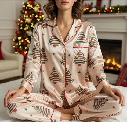 Christmas Tree Cake Satin Pajamas Set, Christmas Cake Pattern Pajamas, Christmas Pajamas, Family Matching Christmas Pajama, Holiday Pajamas