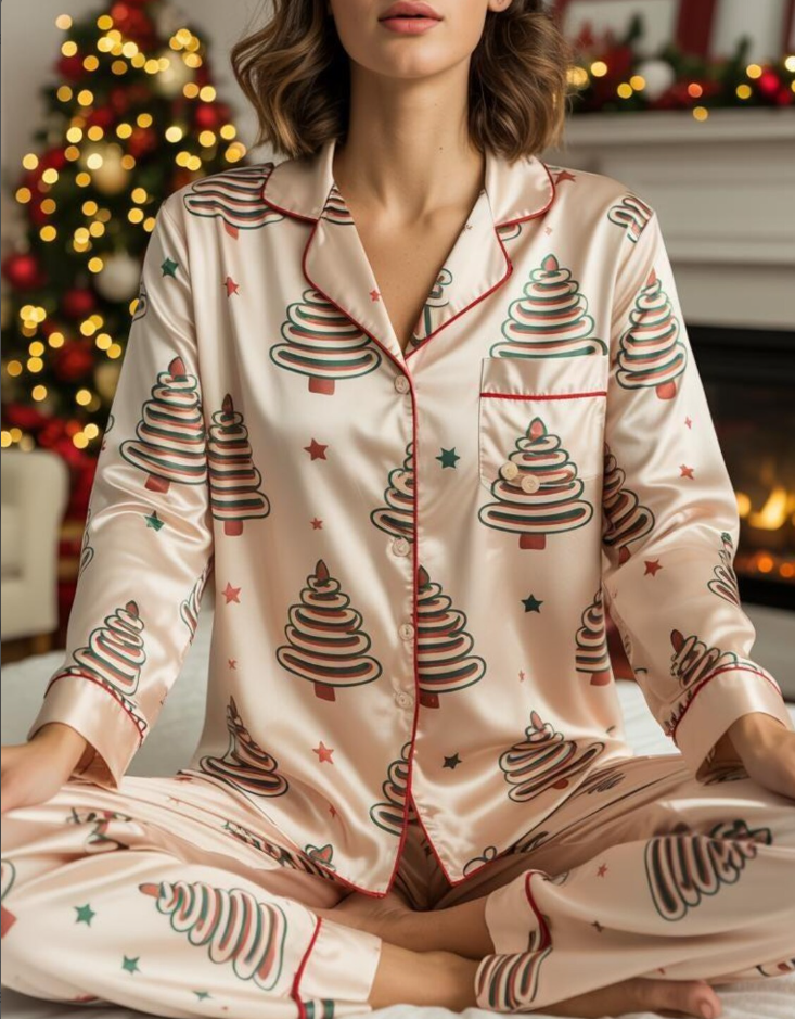 Christmas Tree Cake Satin Pajamas Set, Christmas Cake Pattern Pajamas, Christmas Pajamas, Family Matching Christmas Pajama, Holiday Pajamas